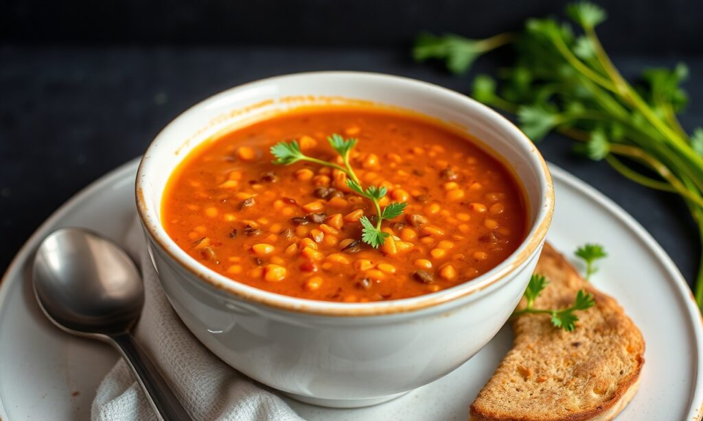 Hearty red lentil and carrot soup, a nutritious plant-based delight.
