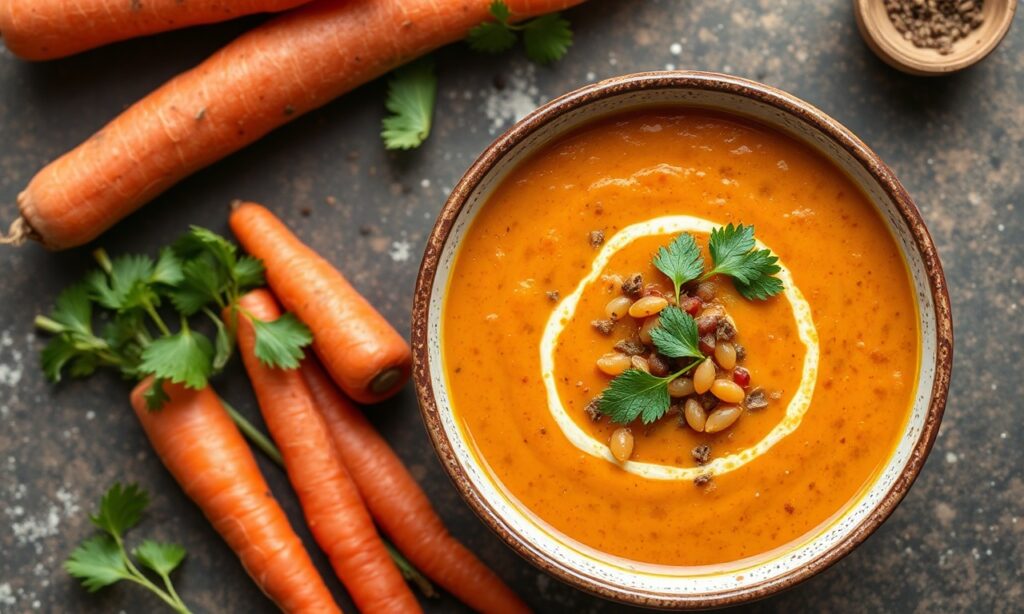 Hearty red lentil and carrot soup: nutritious, comforting meal.