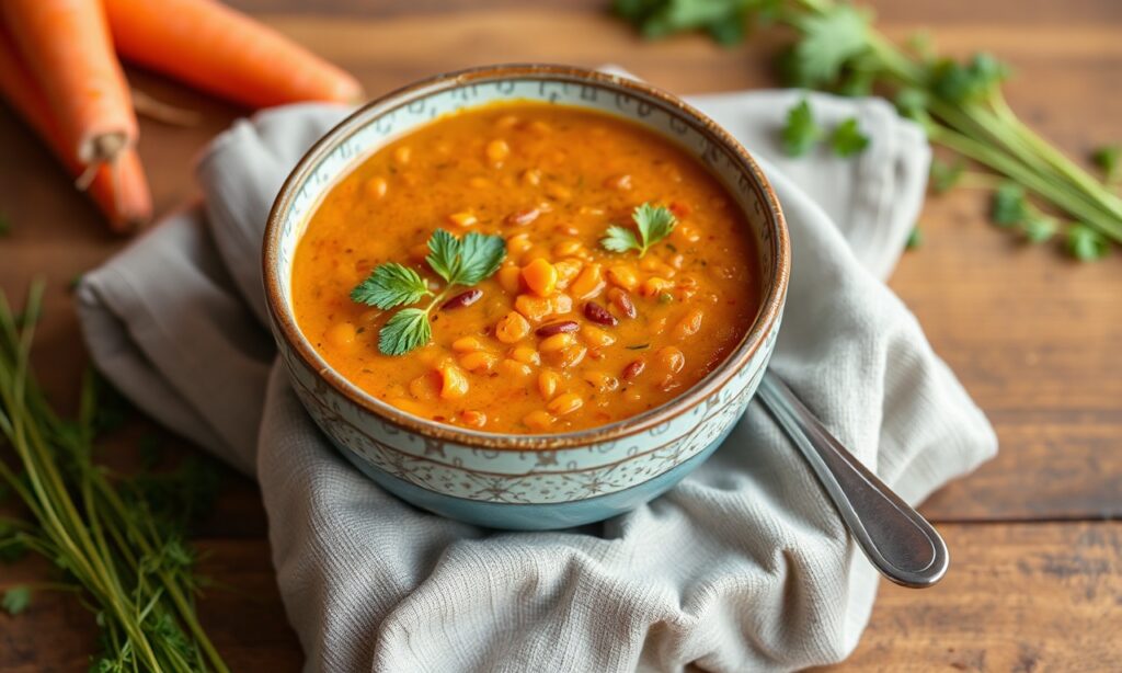 Hearty red lentil and carrot soup: nutritious, comforting meal.