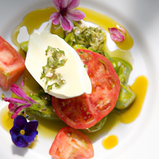 fresh Elegance: Tomato & Burrata salad with ‍Edible Blooms