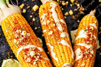 Creamy vegan elote delight, a twist on Mexican street corn.