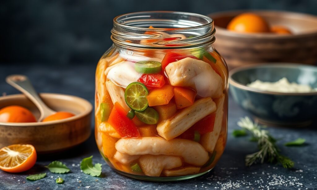 Tangy Escabeche de Pollo: Savory pickled chicken recipe.