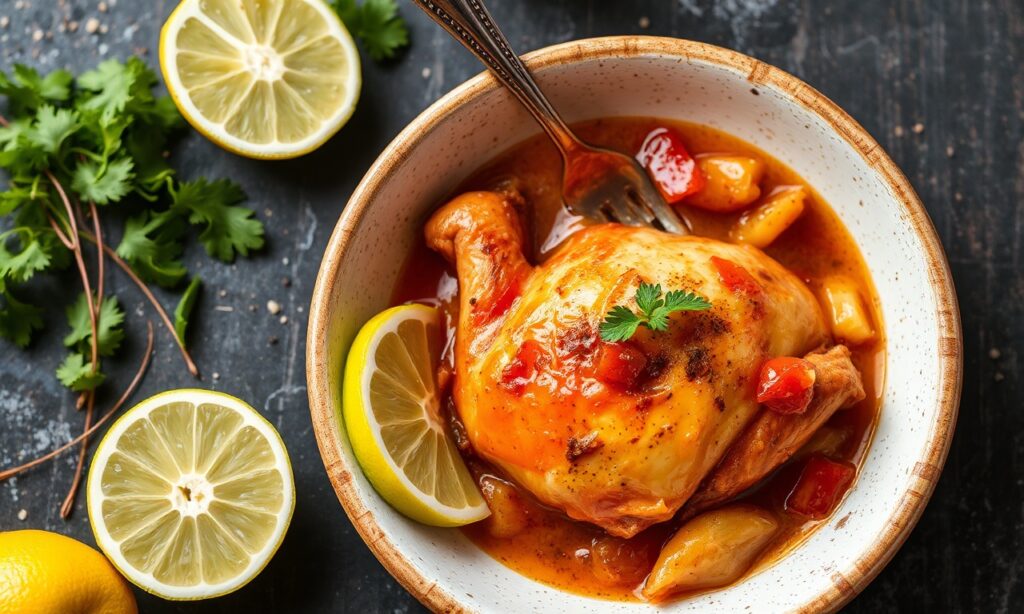 Tangy escabeche de pollo: flavorful pickled chicken dish with spices and vinegar.