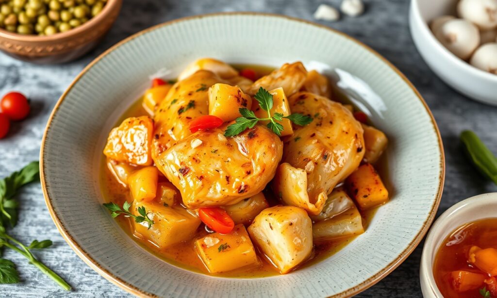Tangy escabeche de pollo: flavorful pickled chicken dish with spices and vinegar.
