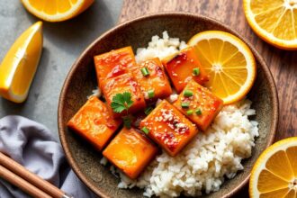 Sticky orange tofu: Zesty plant-based delight for a delicious meal.