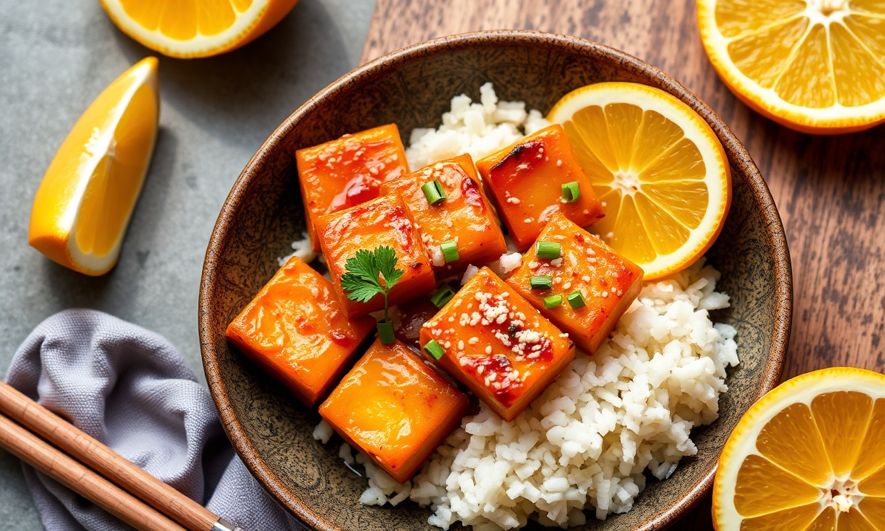 Sticky orange tofu: Zesty plant-based delight for a delicious meal.