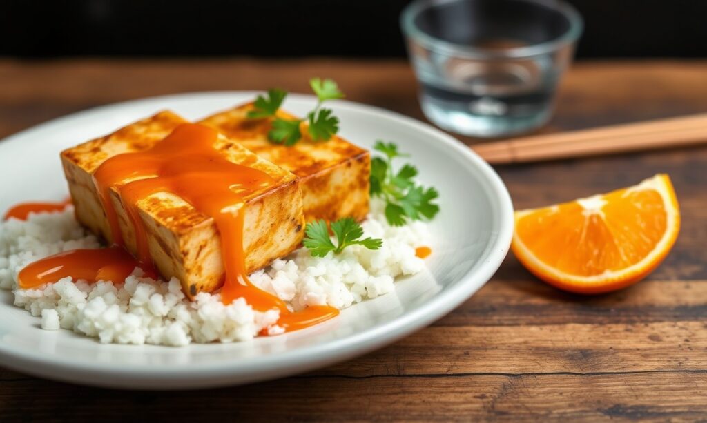 Sticky Orange tofu: zesty plant-based delight, colorful culinary creation.