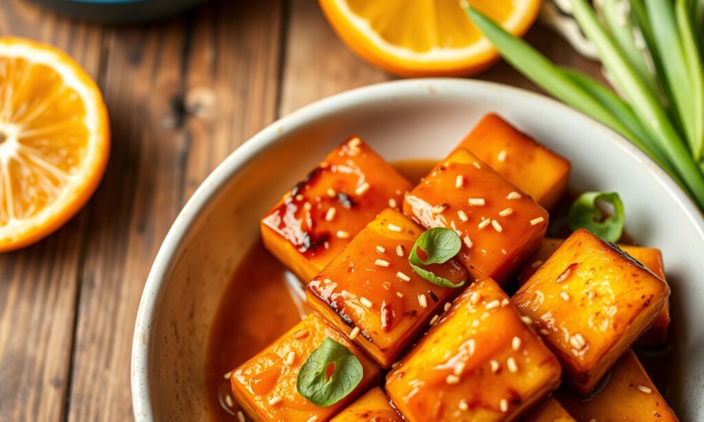 Sticky Orange tofu: Vibrant plant-based dish with zesty flavor.
