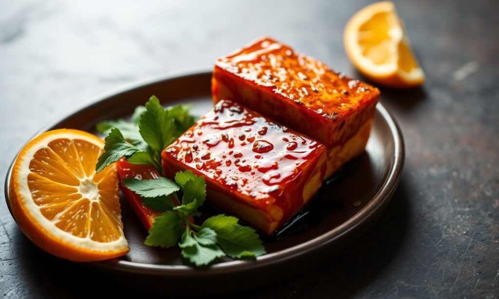 Sticky Orange tofu: Vibrant plant-based dish with zesty flavor.