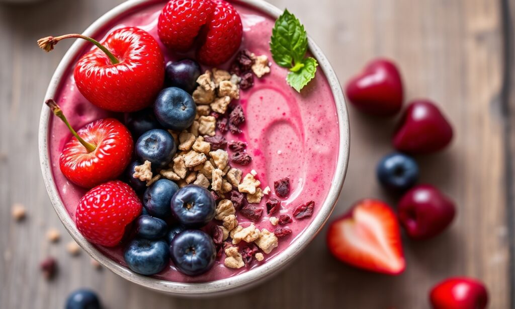Vibrant Cherry Berry smoothie bowl, thick, nourishing, and naturally good.