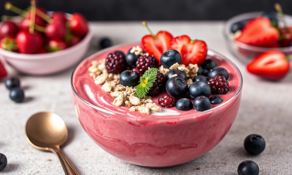 Vibrant Cherry Berry smoothie bowl, thick, nourishing, and naturally good.