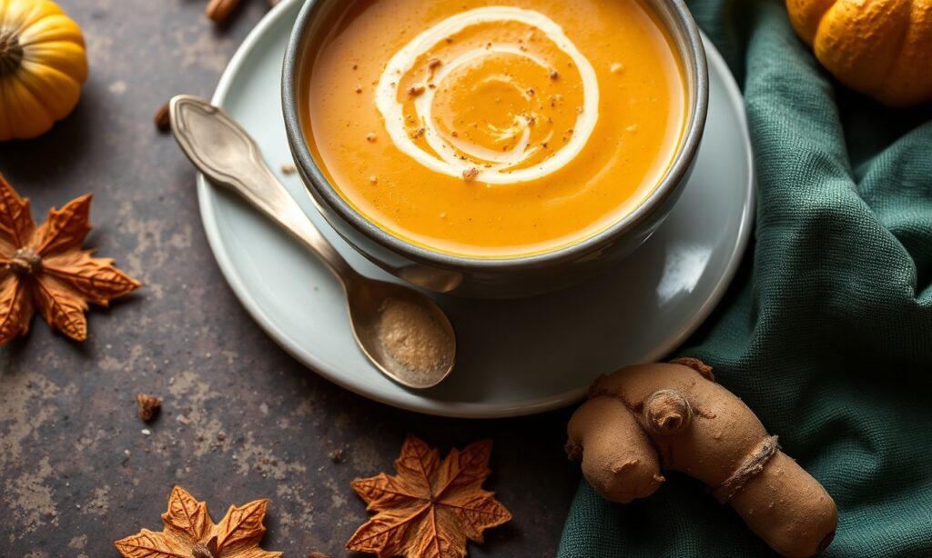 Velvety pumpkin ginger soup, a spiced comfort classic.