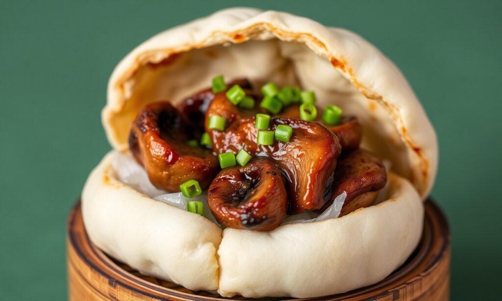 Delicious Gua Bao with hoisin-glazed mushrooms, a culinary delight.