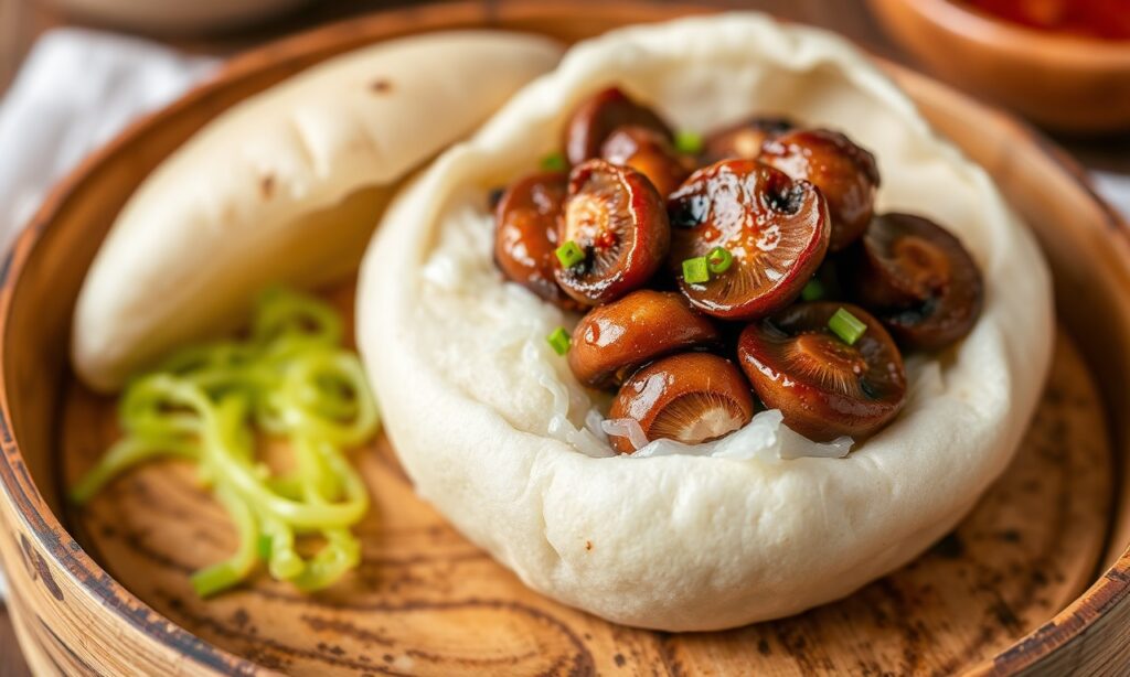 Delicious Gua Bao with hoisin-glazed mushrooms, a culinary delight.