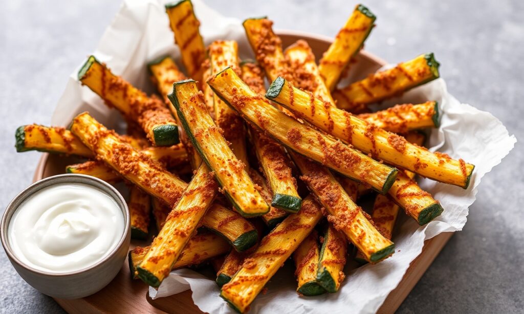 Crispy Keto zucchini fries, a delicious low-carb snack.