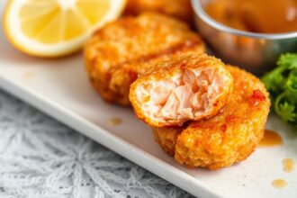 Crispy air-fried salmon bites with sweet hot honey glaze.