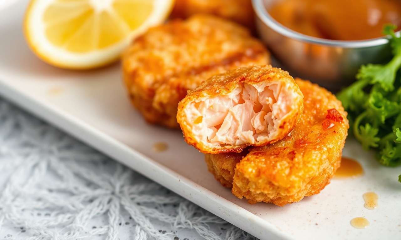 Crispy air-fried salmon bites with sweet hot honey glaze.