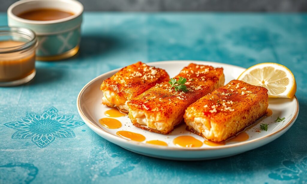 Crispy air-fried salmon bites with sweet hot honey glaze.