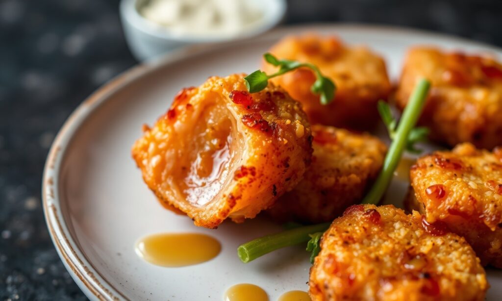 Crispy air-fried salmon bites with sweet hot honey glaze.