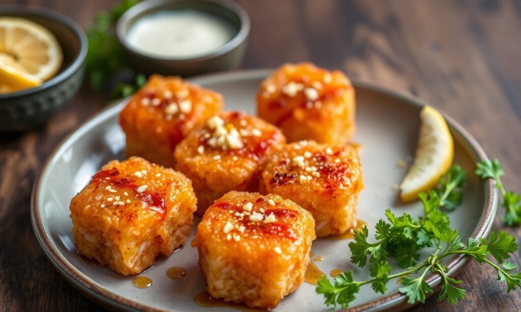 Crispy air-fried salmon bites with sweet hot honey glaze.
