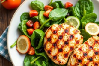 Fresh flavorful spinach salad with grilled chicken.
