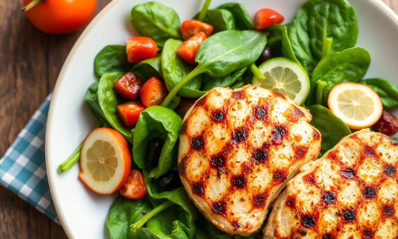 Fresh flavorful spinach salad with grilled chicken.