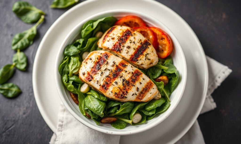 Fresh flavorful spinach salad with grilled chicken.