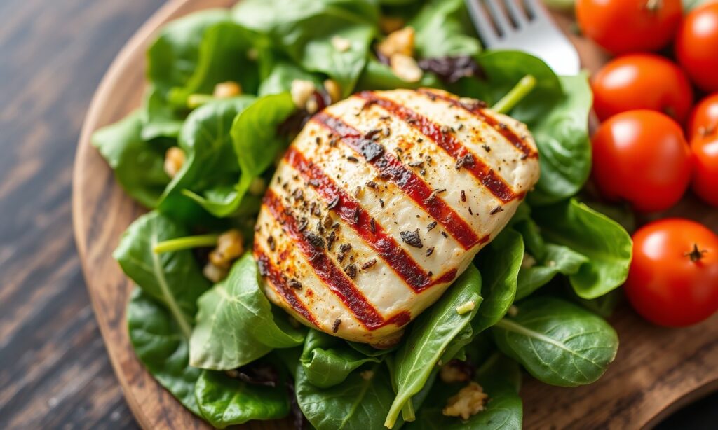 Fresh flavorful spinach salad with grilled chicken.