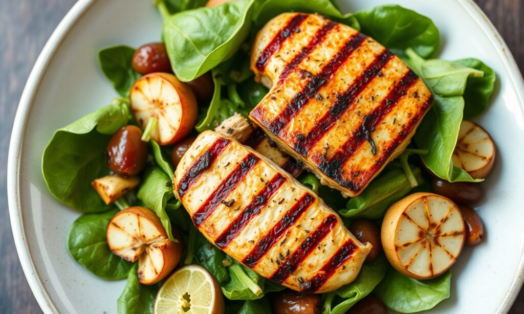 Fresh flavorful spinach salad with grilled chicken.
