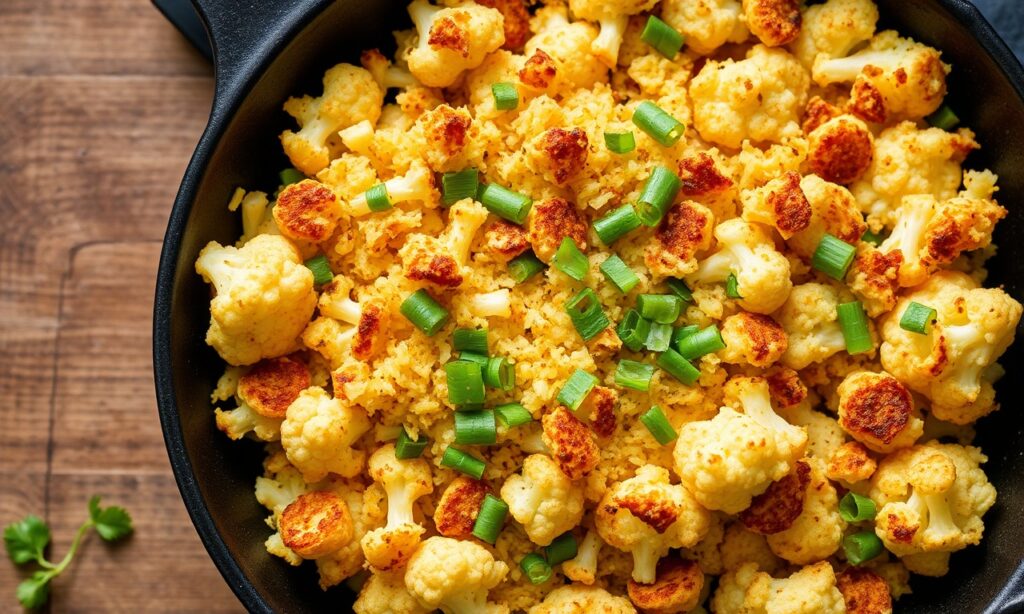 Crispy cauliflower hash browns, golden and healthy breakfast alternative.