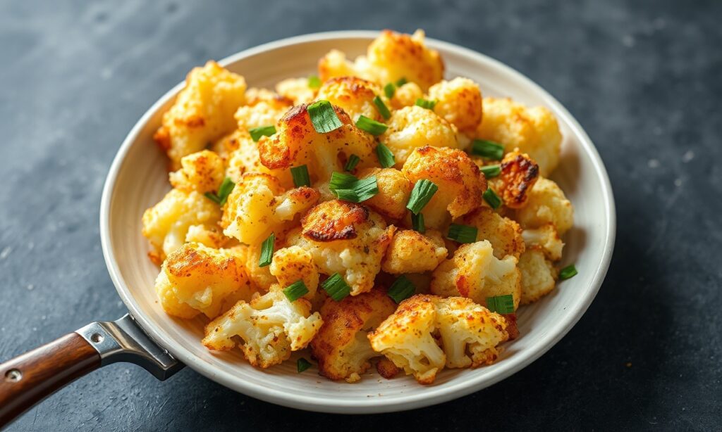 Crispy cauliflower hash browns, golden and healthy breakfast alternative.