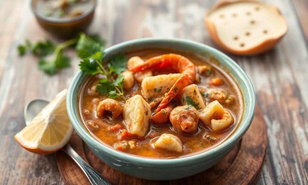 Savory seafood gumbo simmering, a taste of Southern coastal magic.