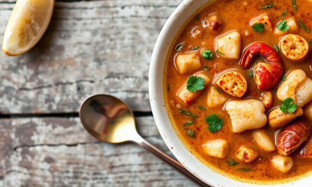 Savory seafood gumbo simmering, a taste of Southern coastal magic.