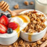 Sweet crunchy Greek yogurt with honey and granola delight.