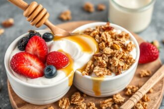 Sweet crunchy Greek yogurt with honey and granola delight.