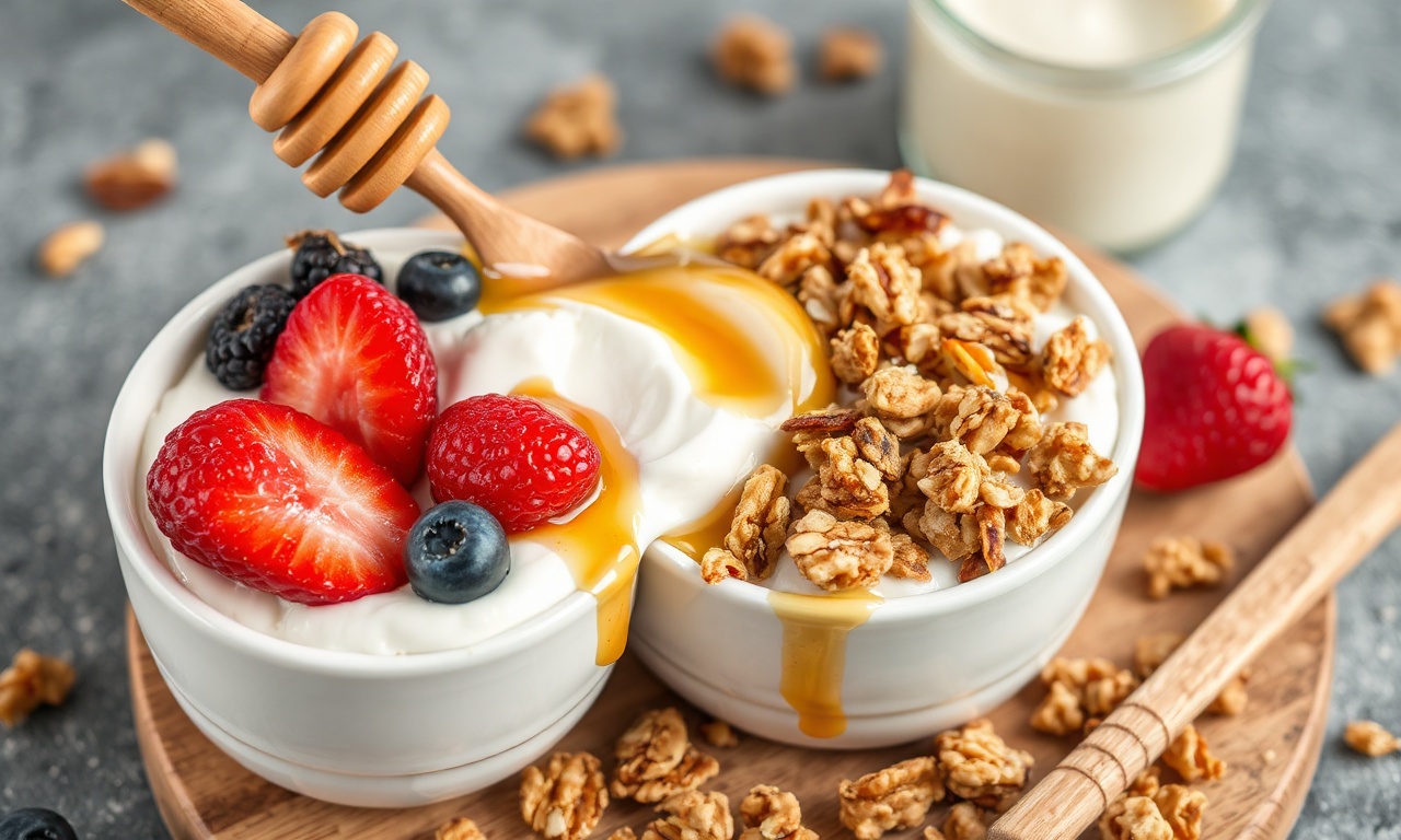 Sweet crunchy Greek yogurt with honey and granola delight.
