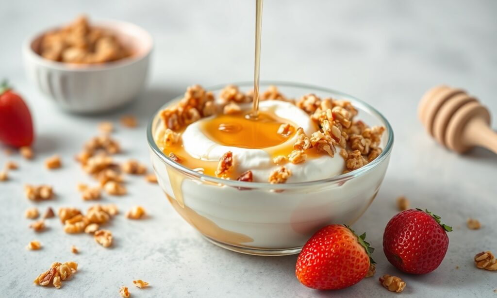 Sweet crunchy Greek yogurt, honey, and granola delight.