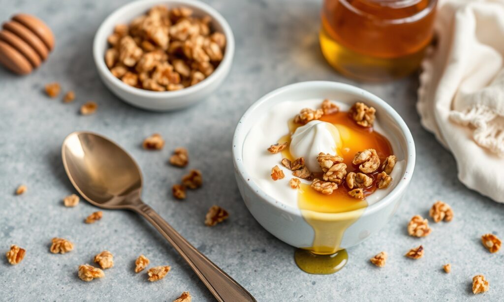 Sweet crunchy Greek yogurt with honey and granola breakfast delight.