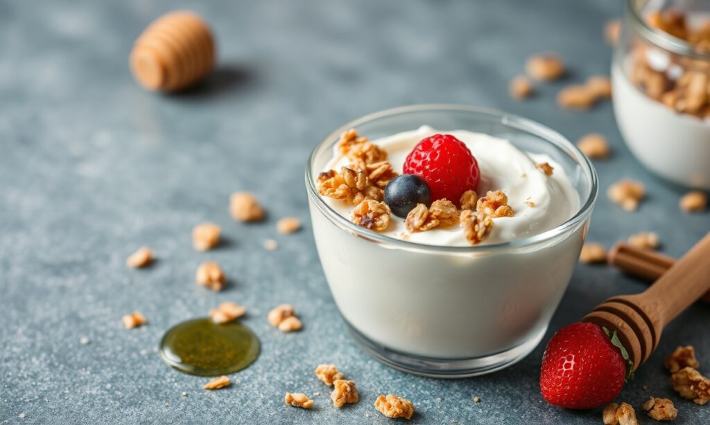 Sweet crunchy Greek yogurt with honey and granola breakfast delight.
