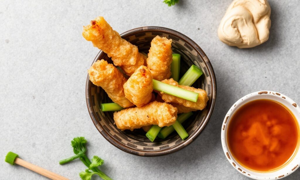 Crispy veggie tempura with perfect dipping sauce.