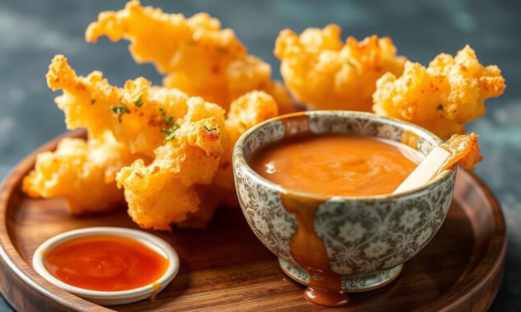 Crispy veggie tempura with perfect dipping sauce.