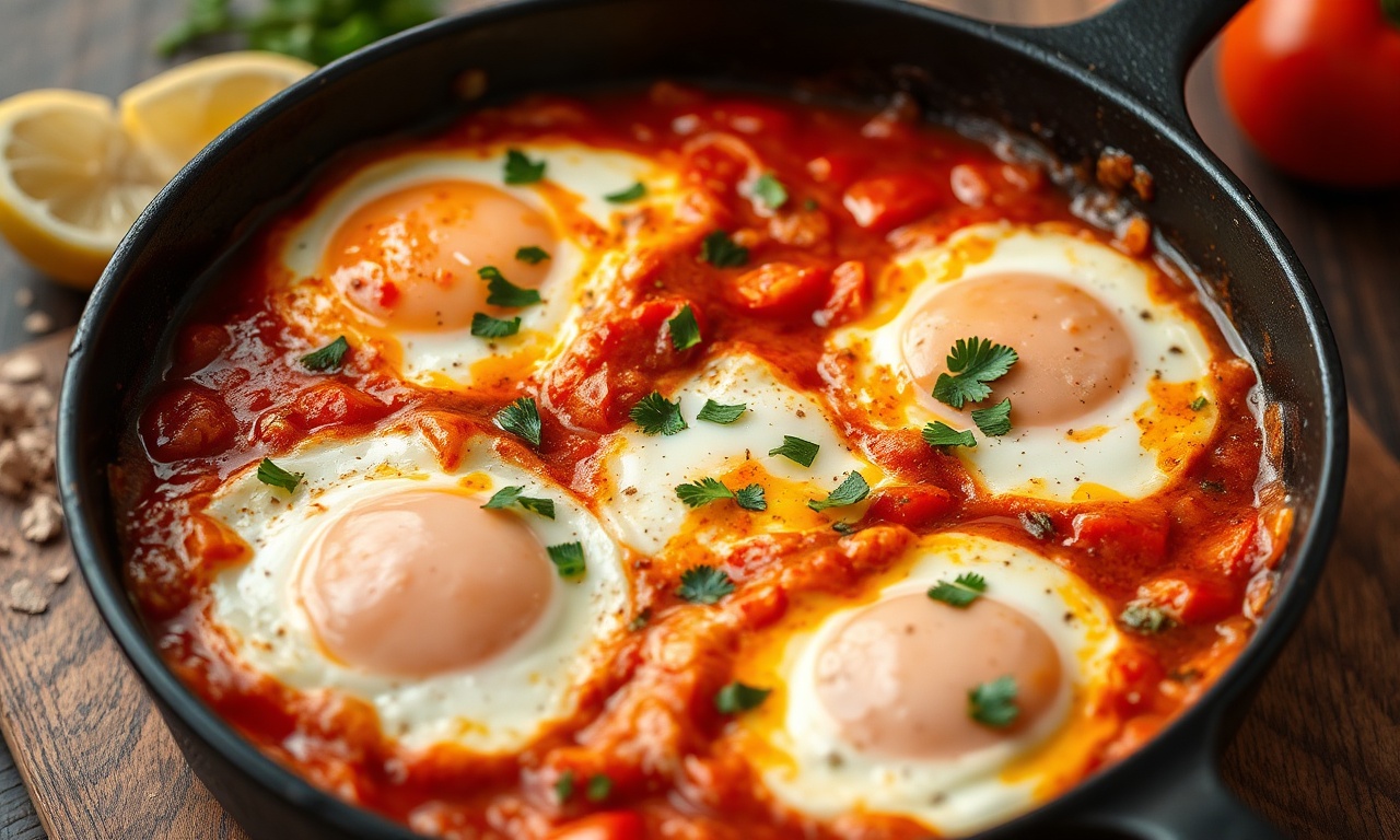 Shakshuka Unveiled: Satisfying eggs in spiced tomato bliss.