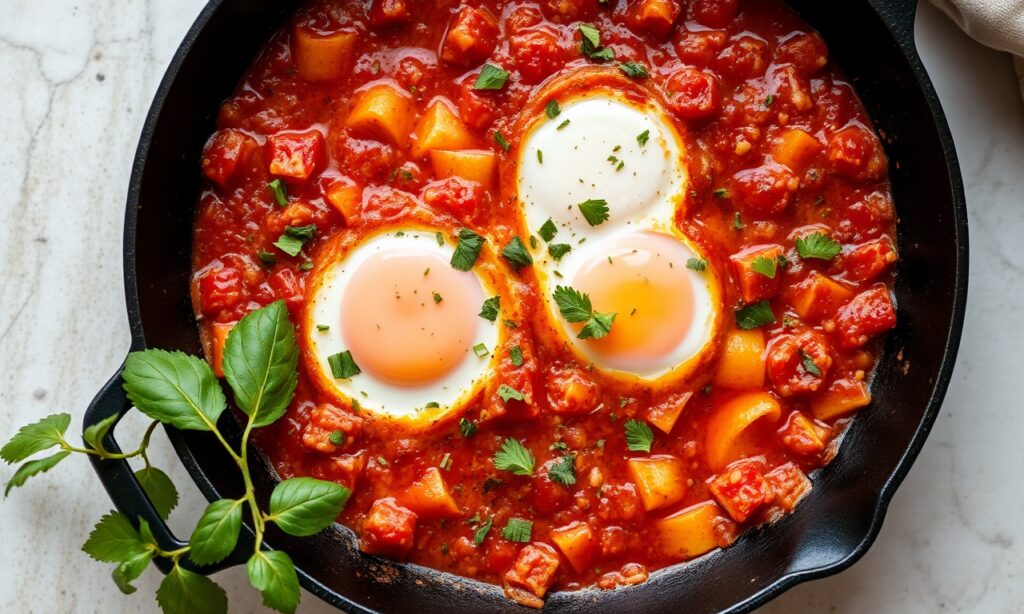 Shakshuka Unveiled: Satisfying eggs in spiced tomato bliss.
