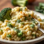 Creamy broccoli cheese risotto comfort food.