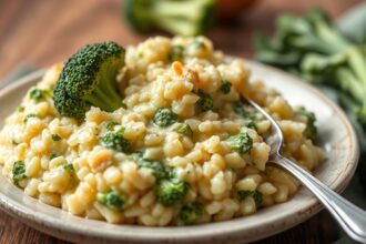 Creamy broccoli cheese risotto comfort food.