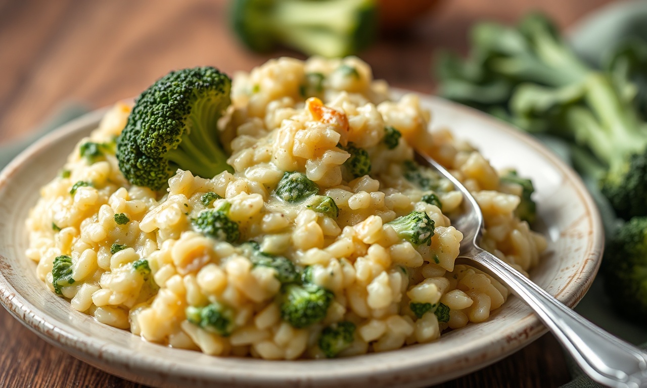 Creamy broccoli cheese risotto comfort food.