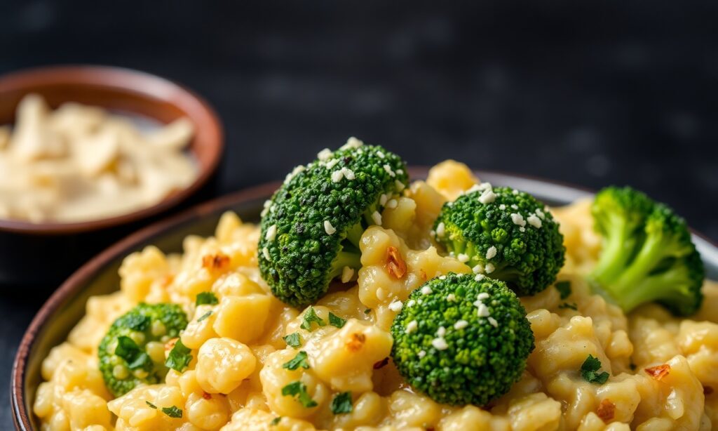 Creamy broccoli cheese risotto, a comforting and delicious recipe.