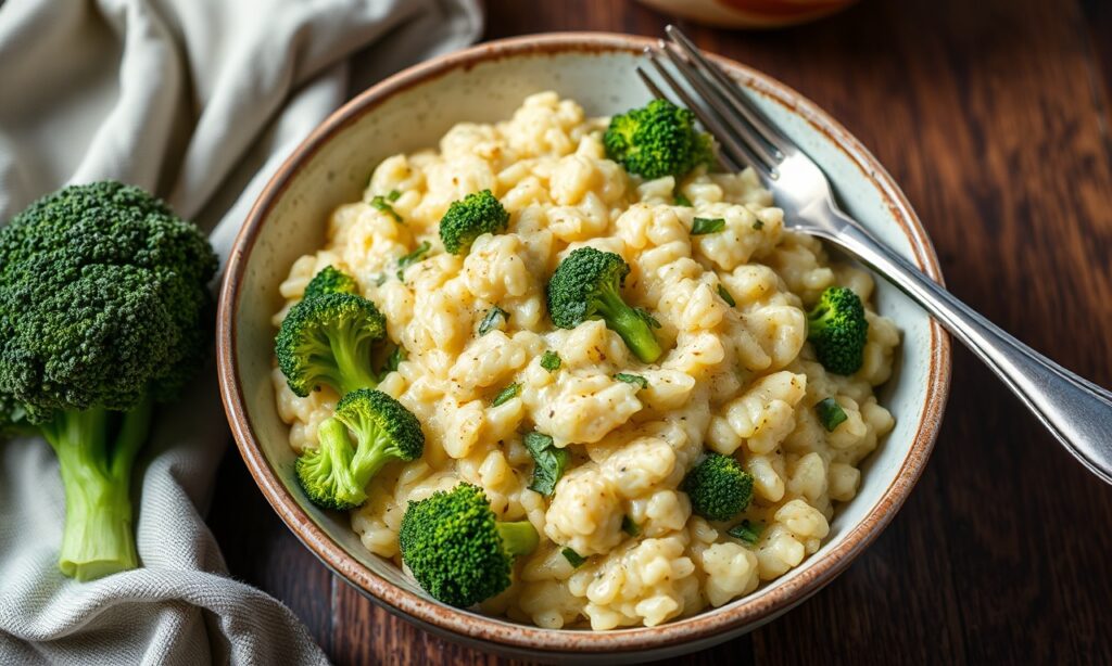 Creamy broccoli cheese risotto, a comforting and delicious recipe.
