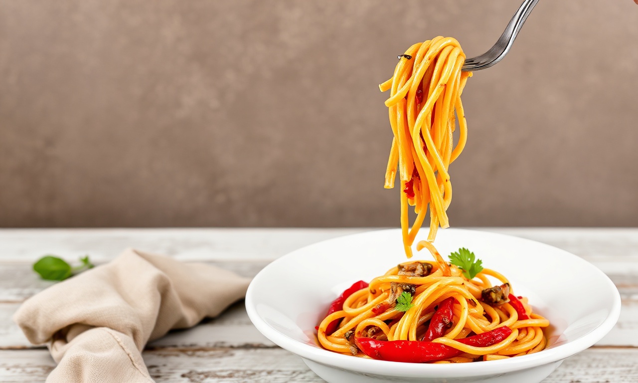 Discover bold flavors: roasted red pepper pasta delight.