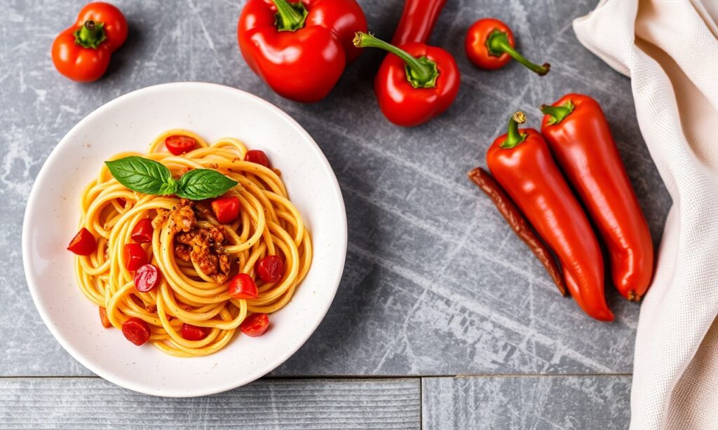 Discover bold roasted red pepper pasta delight.